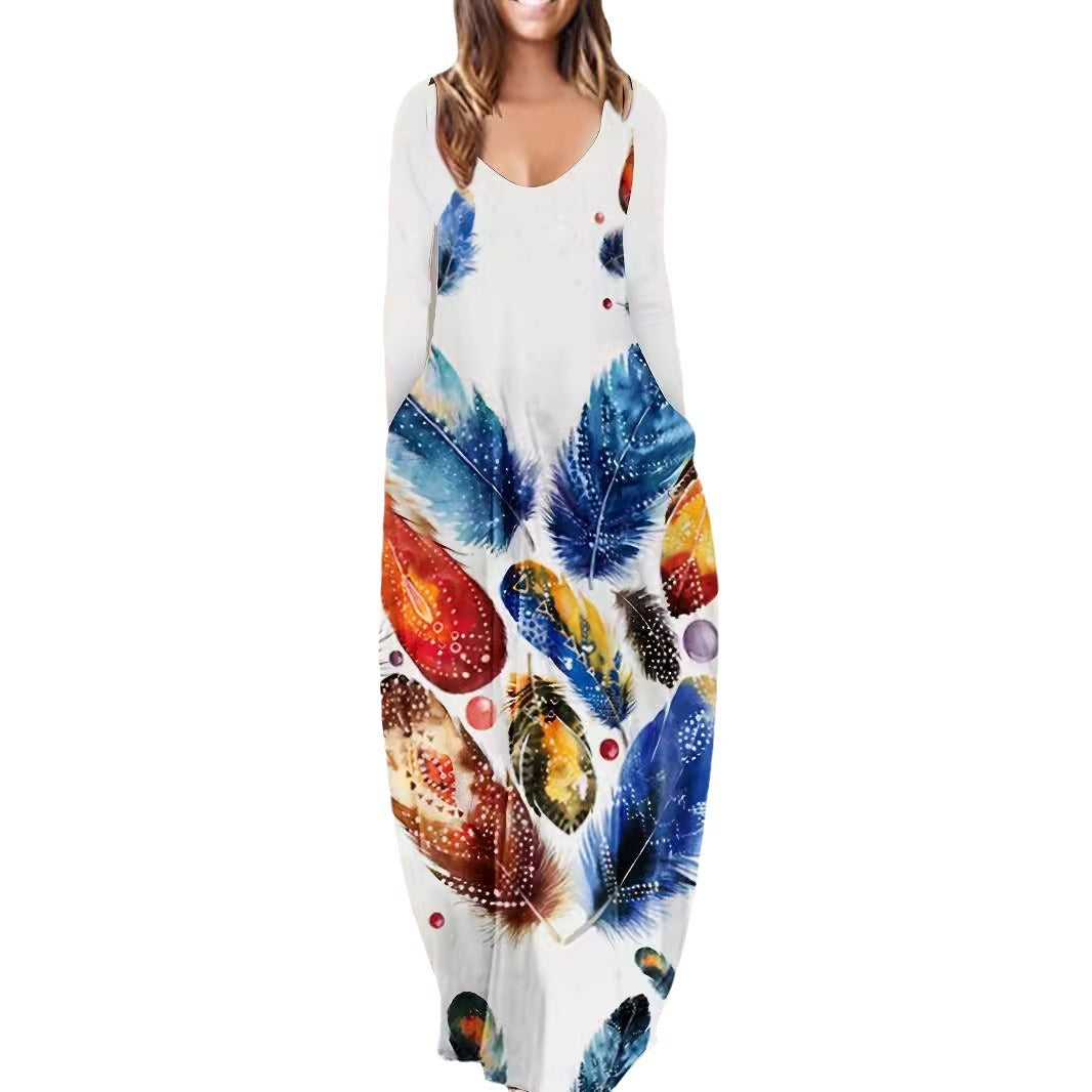 Printed V-neck Loose Casual Chic Long Dress