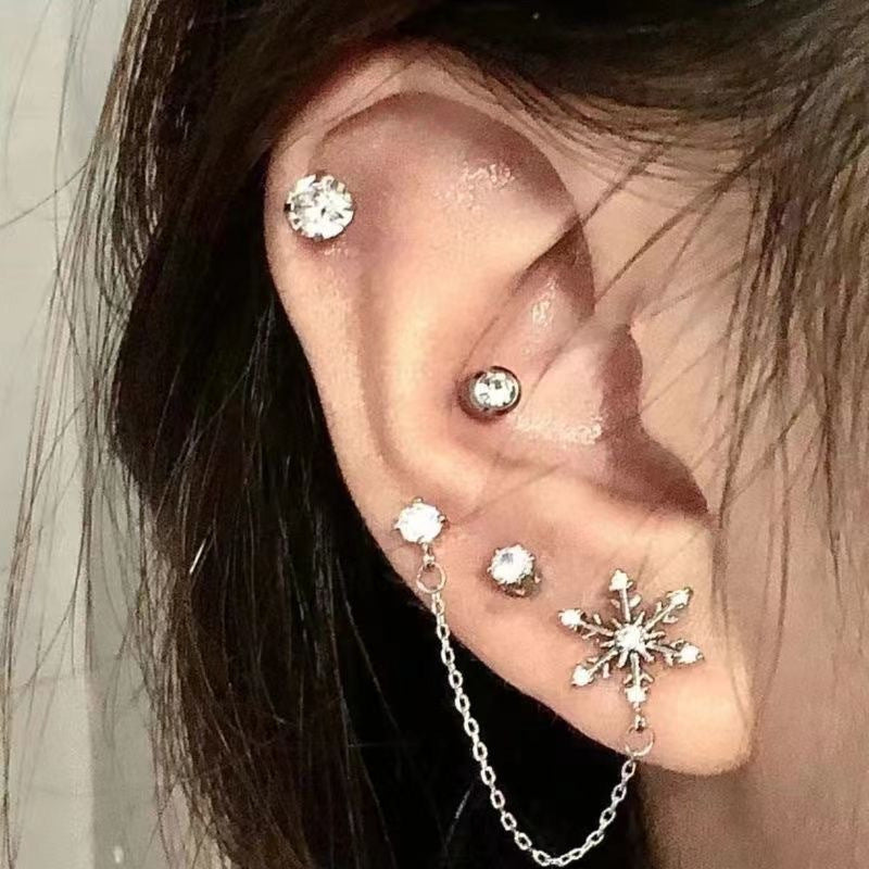 Double-hole Chain Ear Cuff Stud Earrings For Women Sweet Yet Edgy Y2K-style Colorful Starburst Earrings
