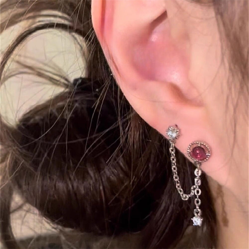 Double-hole Chain Ear Cuff Stud Earrings For Women Sweet Yet Edgy Y2K-style Colorful Starburst Earrings