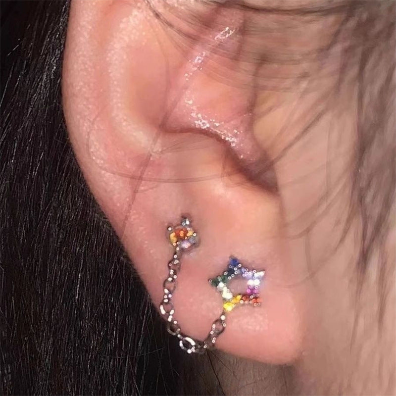 Double-hole Chain Ear Cuff Stud Earrings For Women Sweet Yet Edgy Y2K-style Colorful Starburst Earrings