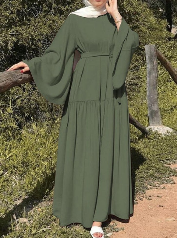 Women's Casual Flared Sleeve Tie-Waist Long Skirt