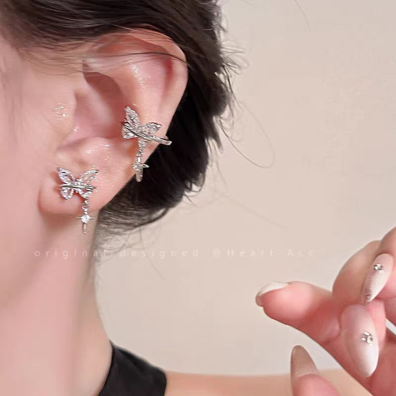 Butterfly Starburst Zircon Silver Stud Earrings For Women Light Luxury, Niche Design