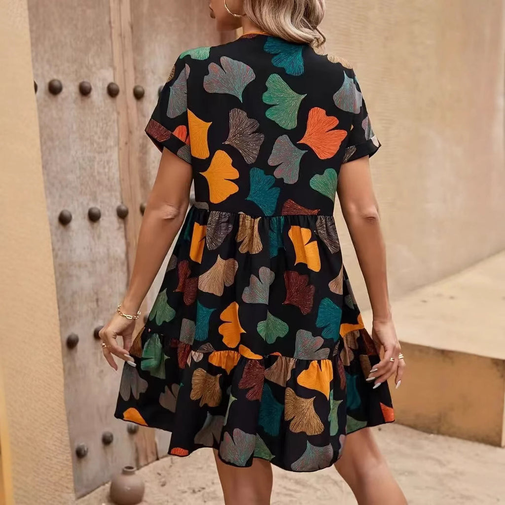 Floral Moms Figure-flattering Dress With A V-neck For Outerwear