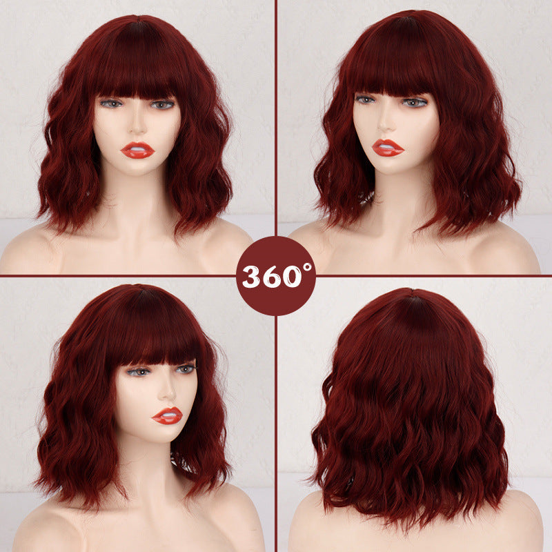 Shoulder-length Corn Curler Chemical Fiber Wine Red Short Curly Hair Human Wigs