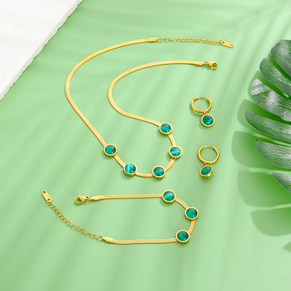 Retro Round Cats-Eye Gemstone Jewelry Set A Light-Luxury Niche High-End Clavicle Necklace With A Sophisticated Aura