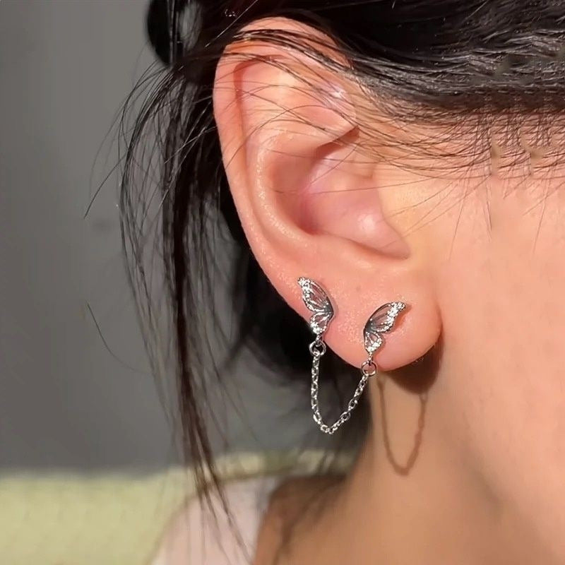 Double-hole Chain Ear Cuff Stud Earrings For Women Sweet Yet Edgy Y2K-style Colorful Starburst Earrings