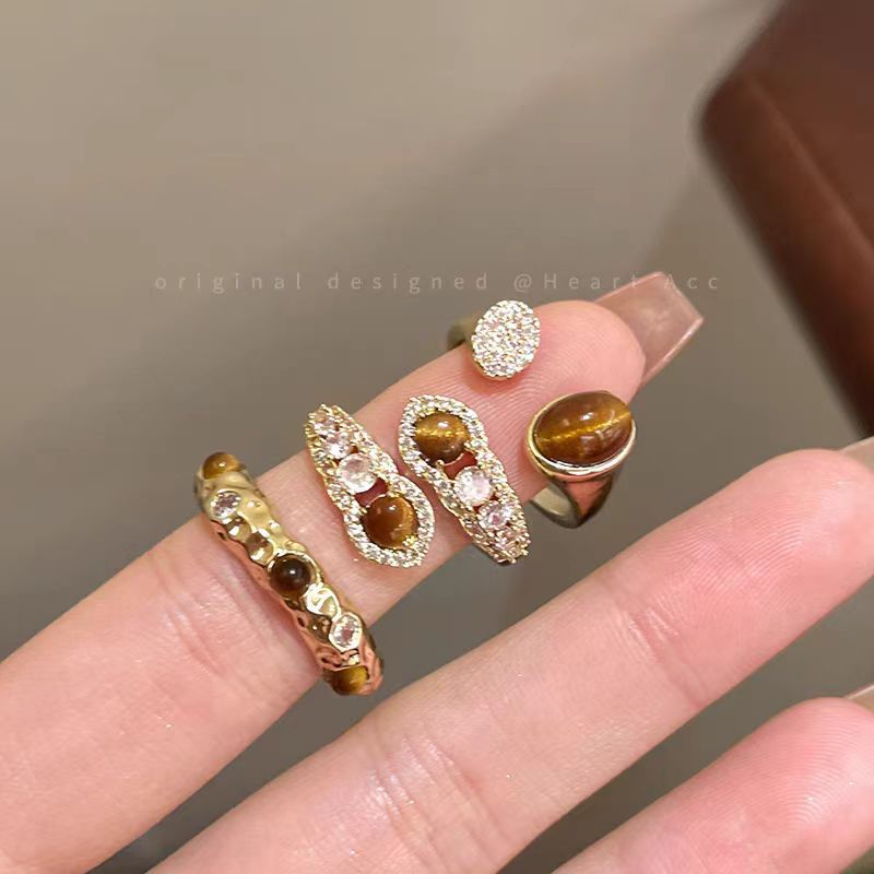 Mocha Brown Serpentine Tiger Eye Alloy Ring For Women, Unique Vintage Design, Luxury Light Luxury Adjustable Index Finger Ring