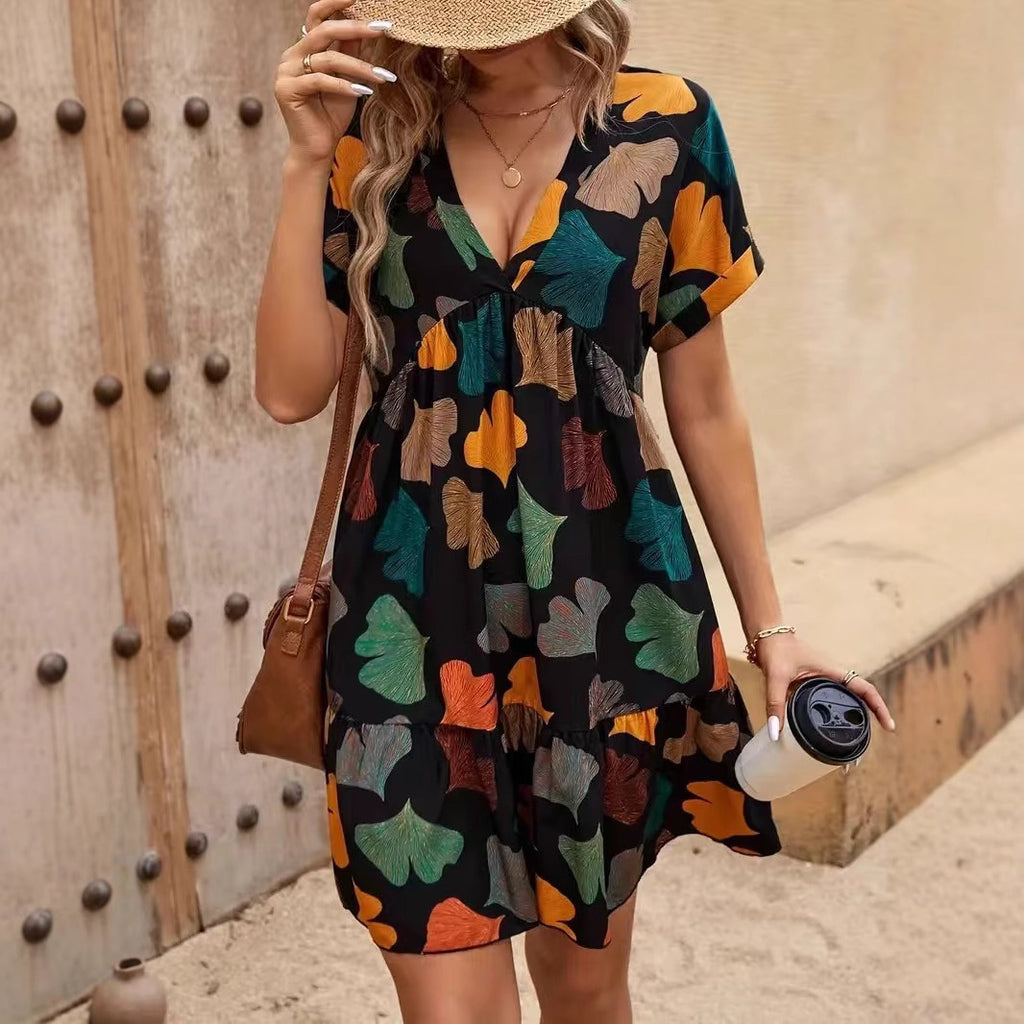 Floral Moms Figure-flattering Dress With A V-neck For Outerwear