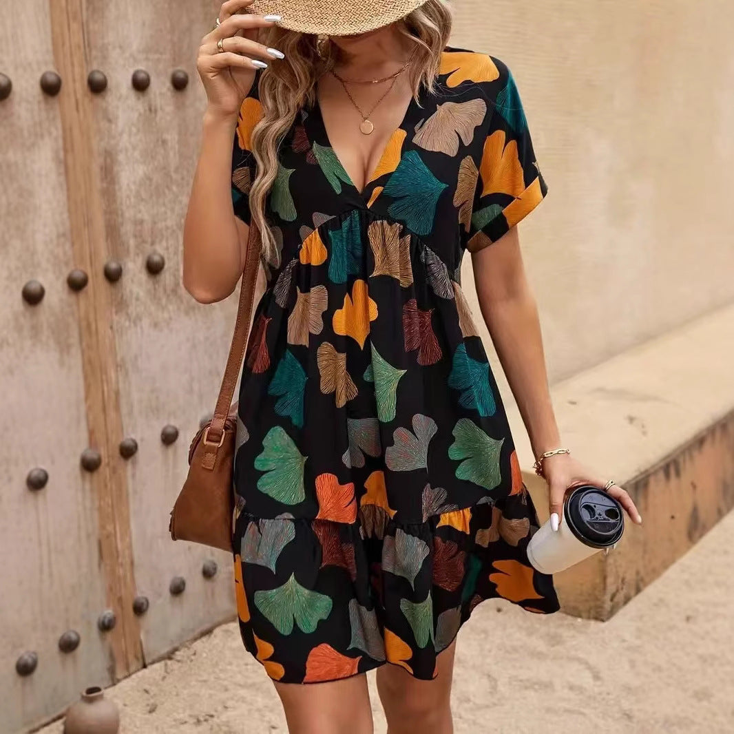Floral Moms Figure-flattering Dress With A V-neck For Outerwear