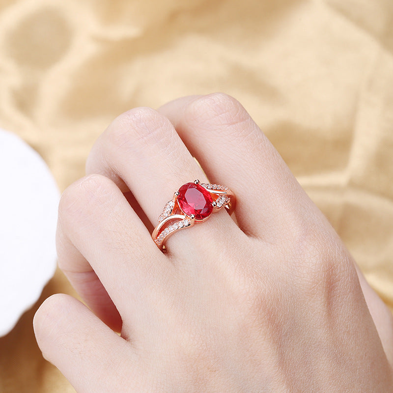 Hollowed, Stacked Open-End Ring In Rose Gold With Red Zircon