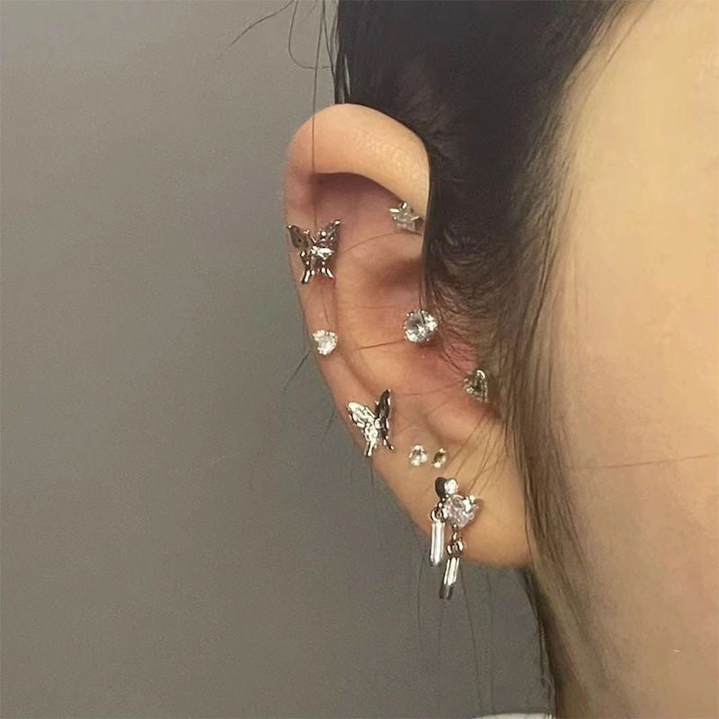 Double-hole Chain Ear Cuff Stud Earrings For Women Sweet Yet Edgy Y2K-style Colorful Starburst Earrings
