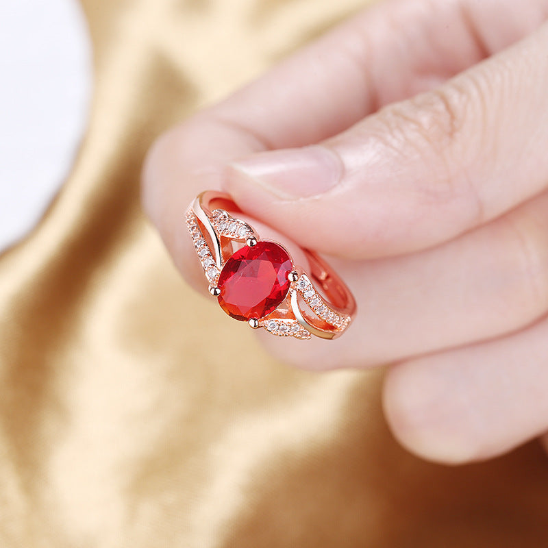 Hollowed, Stacked Open-End Ring In Rose Gold With Red Zircon