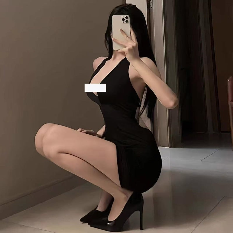 Women's Solid Color Choker Deep-V Sexy Backless Dress