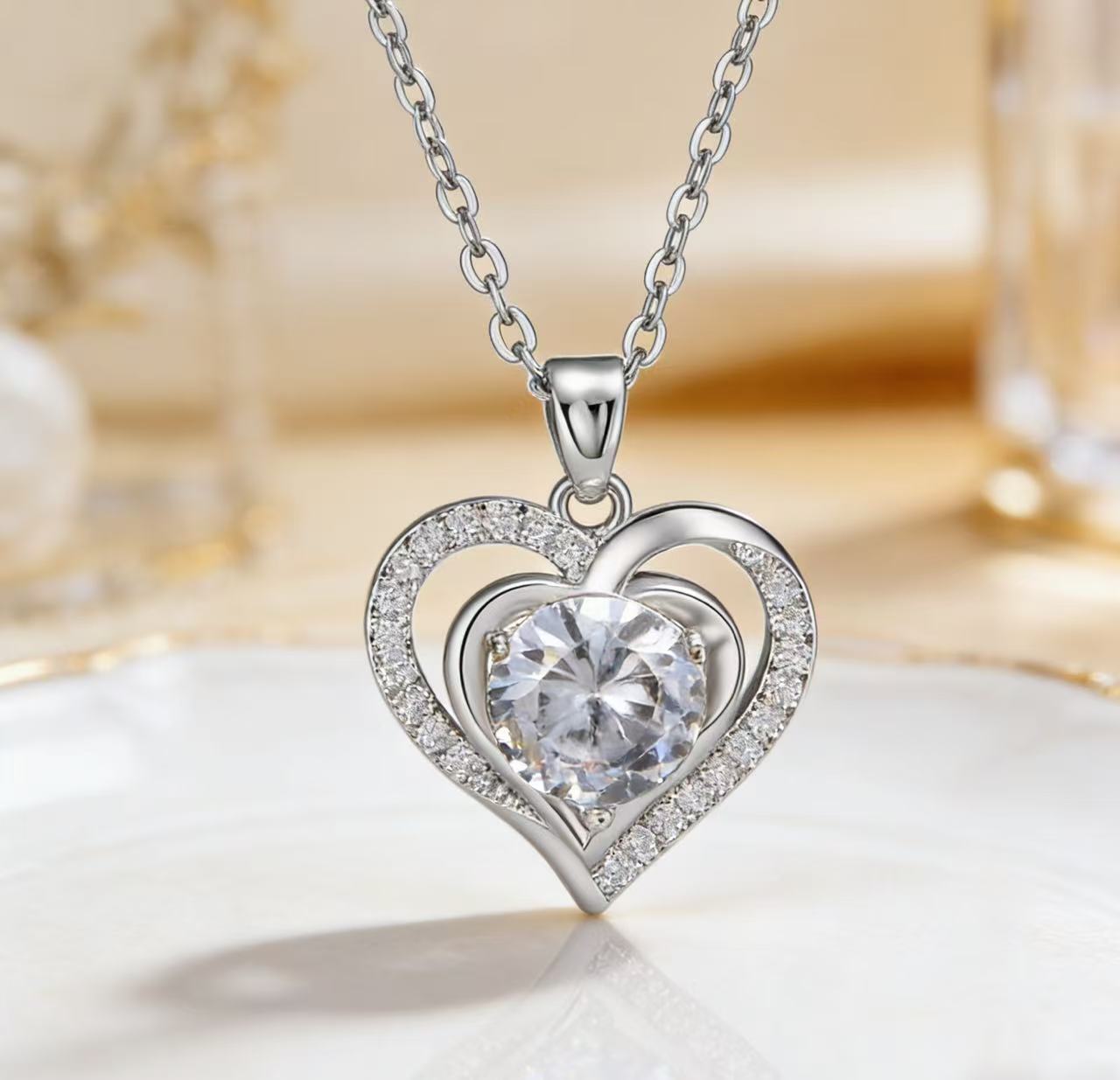 Double Heart Moissanite Necklace Womens Clavicle Chain With Pendant