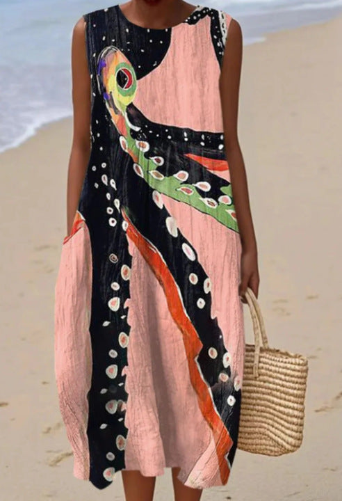 Sleeveless Pocketed Casual Printed Dress With A Sophisticated Vibe