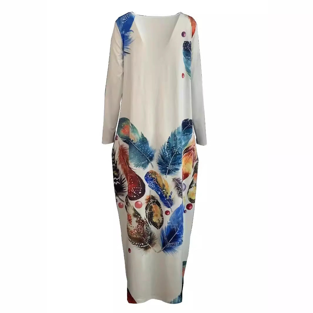 Printed V-neck Loose Casual Chic Long Dress