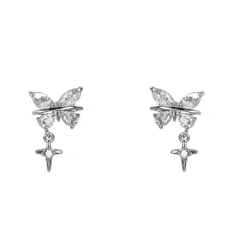 Butterfly Starburst Zircon Silver Stud Earrings For Women Light Luxury, Niche Design