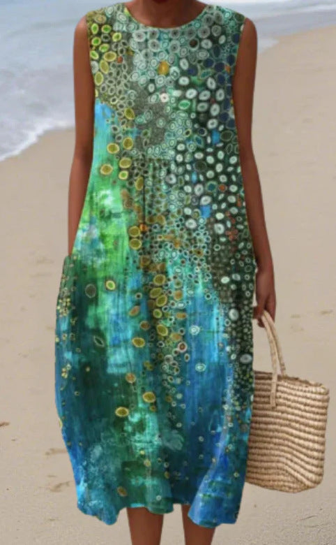 Sleeveless Pocketed Casual Printed Dress With A Sophisticated Vibe