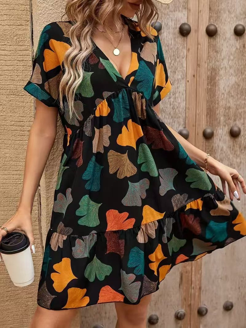 Floral Moms Figure-flattering Dress With A V-neck For Outerwear