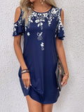 Printed Round Neck Off-shoulder Short-sleeved Midi Dress