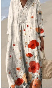 Womens Printed Maxi Dress With A Wide V-Neck And Long Sleeves