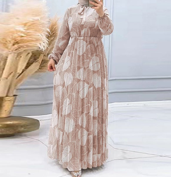 Women's Leaf Print Pleated Skirt Fashionable Waist-Slimming Dress