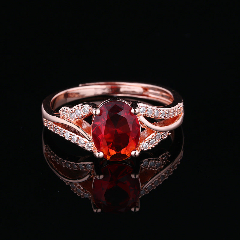 Hollowed, Stacked Open-End Ring In Rose Gold With Red Zircon
