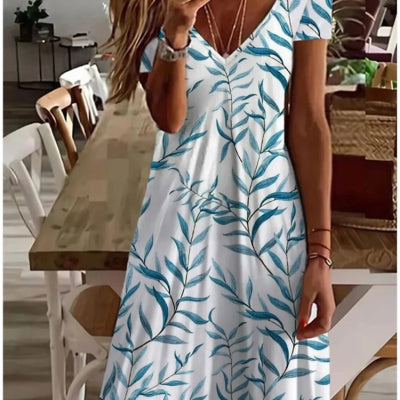 Womens Printed V-Neck Slim Mid-Length Dress