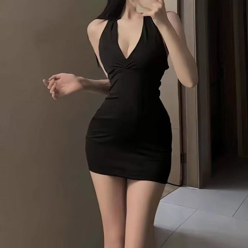 Women's Solid Color Choker Deep-V Sexy Backless Dress